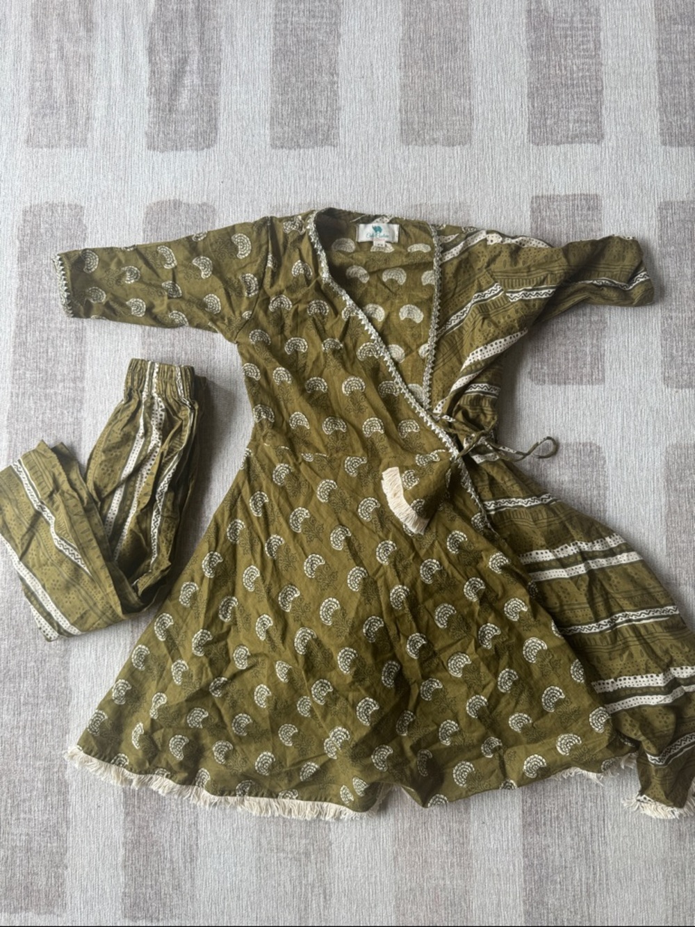 Kids Olive Green Printed Wrap kurti Set